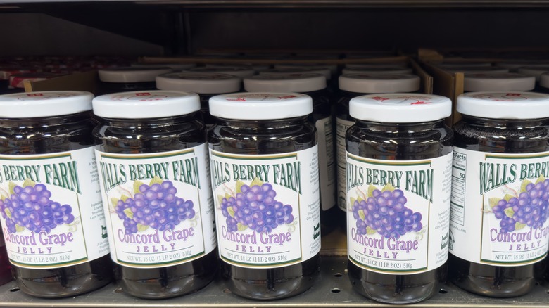 jars of jelly on a store shelf