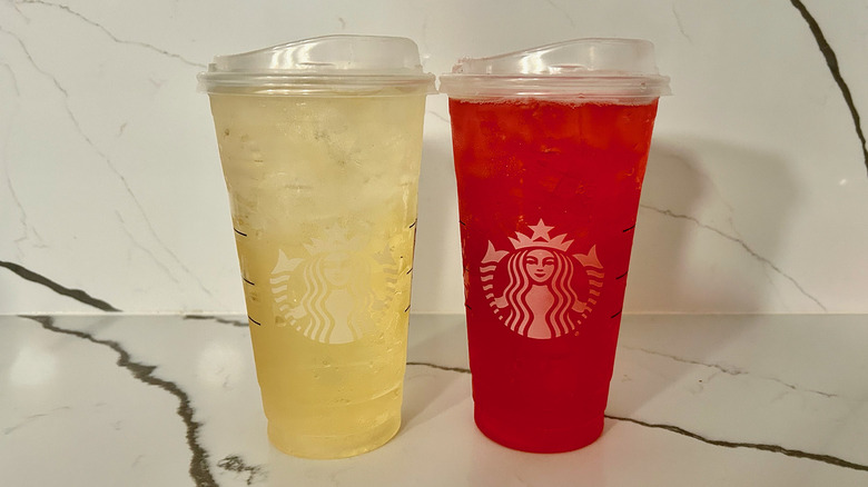 Two iced venti Starbucks drinks 