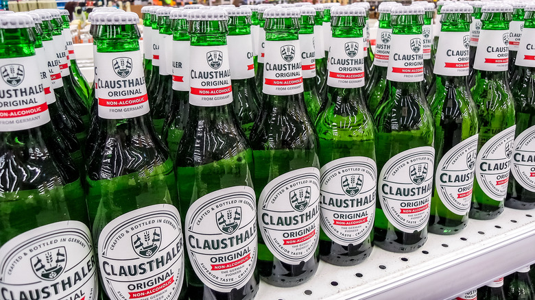 Rows of Clausthaler bottles on grocery shelf