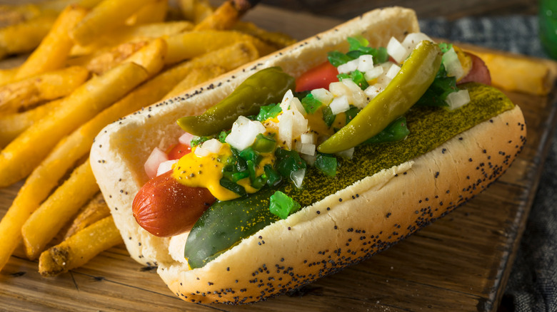 chicago style hot dog and fries