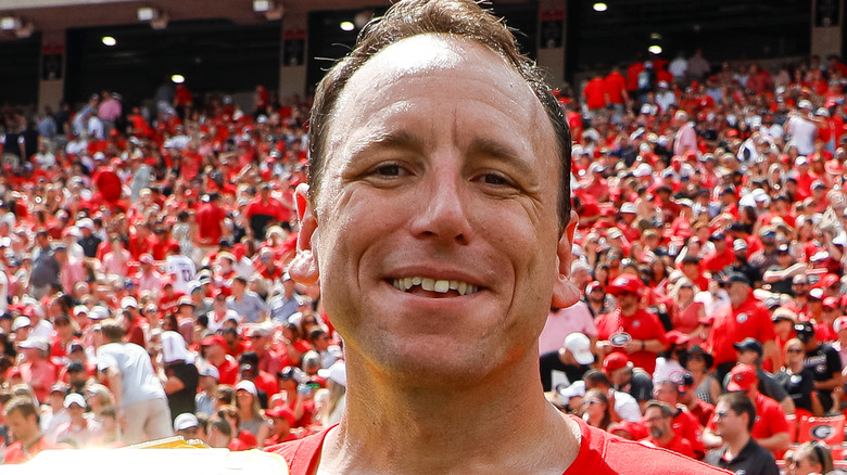 Joey Chestnut competes in Nathan's Famous Hot Dog Eating Contest